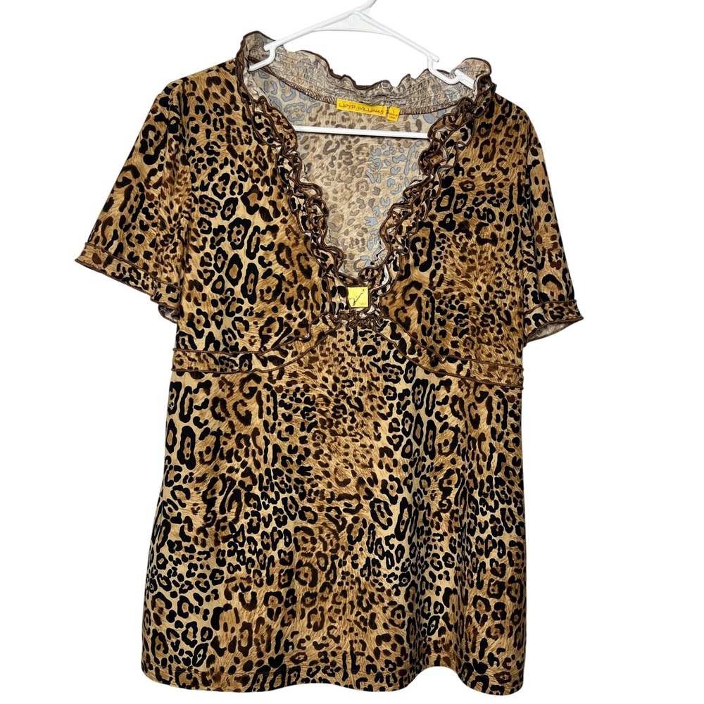 Lloyd Williams  Leopard Print Tunic Top Ruffle Neck Short Sleeve‎ Women's Size L